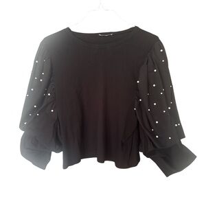 Zara Black Puff Sleeve Top with Pearl Accents